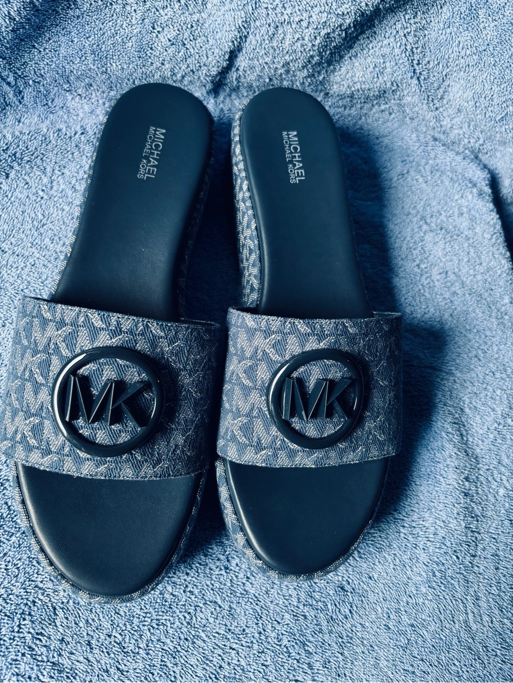 Michael Kors Blue Denim Logo Slide Sandals